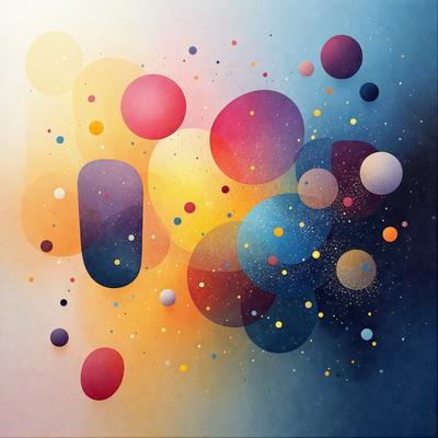 The primary subject of the image is a colorful, abstract artwork featuring a variety of shapes and colors. The setting is a blue background, which contrasts with the vibrant colors of the artwork. The visual style is a combination of digital art and illustration, creating a unique and eye-catching design. The dominant colors in the artwork are red, yellow, and blue, which contribute to a lively and energetic atmosphere.